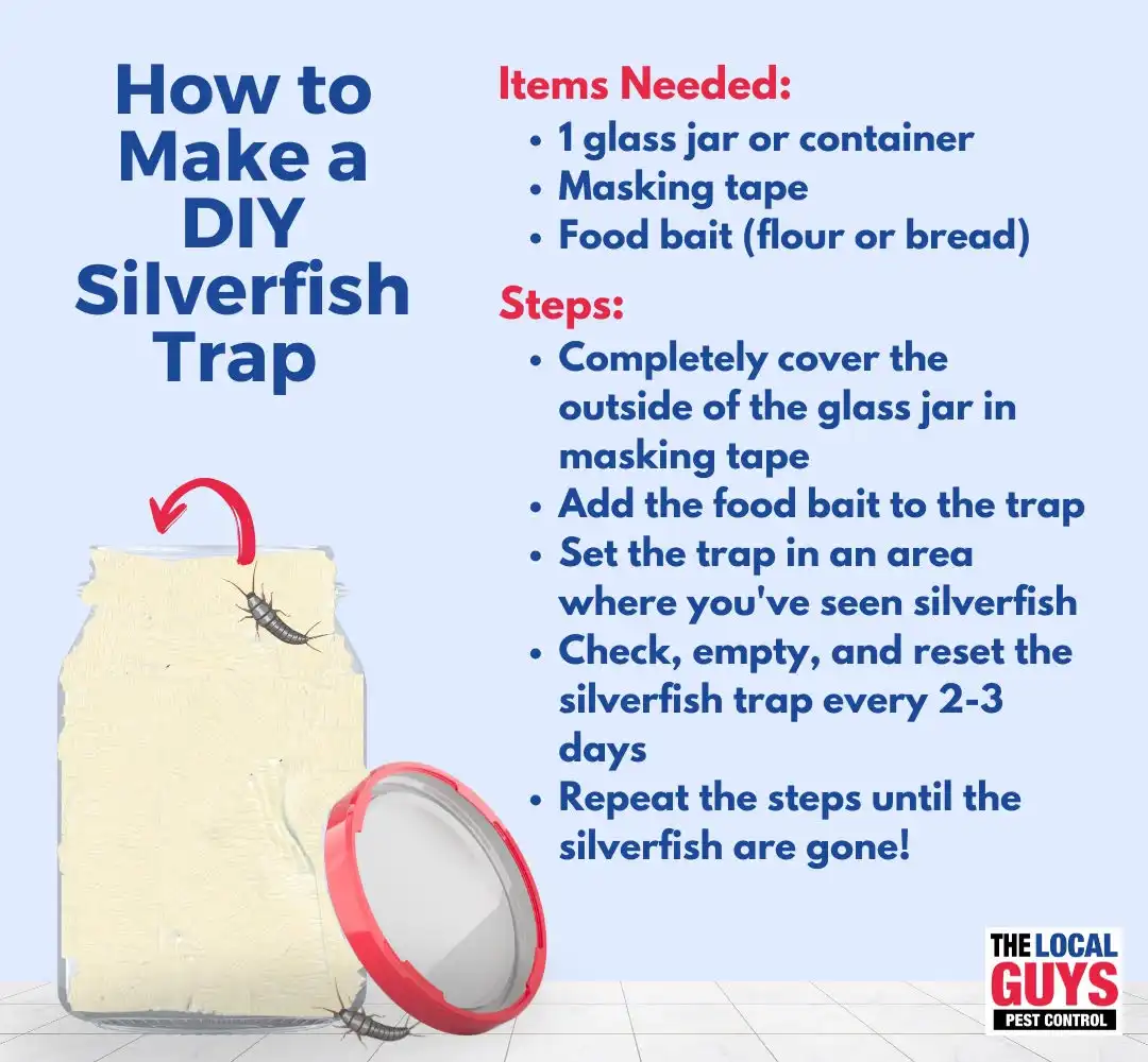 DIY silverfish trap instructions featuring a glass jar, masking tape, and bait, emphasizing steps for effective pest control by The Local Guys Pest Control.